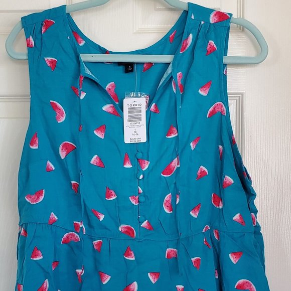 torrid Tops - TEAL WATERMELON RAYON SLUB BUTTON-FRONT TIERED TANK - TORRID